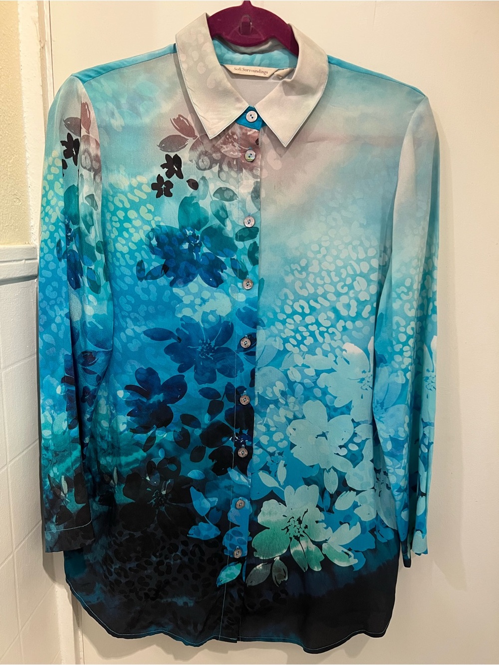 Blue to Black Floral Silk Tunic Button Up